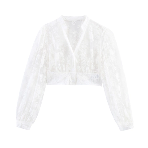 Damen Spitzenbluse V-Ausschnitt Lange Laternenärmel Durchsichtig Mesh Floral Bestickt Kurzes Hemd Weiß Elegant