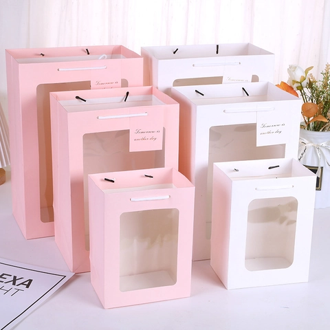 Transparent Window Gift Bags Cardboard Handbags With Handle PVC Panel Flower Packaging For Party Holiday Korean Style