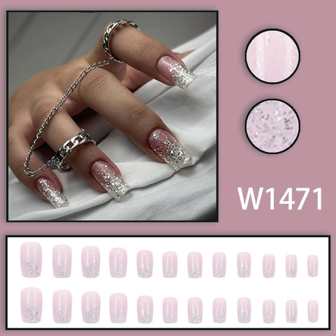 Uñas Postizas Presión Degradado Rosa Plata Brillo Brillante Cuadrado Ovalado Plástico ABS
