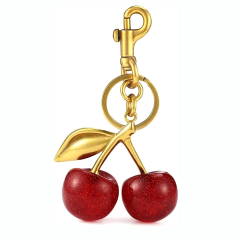 Cherry Keychain Alloy Fruit Pendant Glitter Shimmer Bag Charm For Women Cute Bow Golden Metal Key Ring