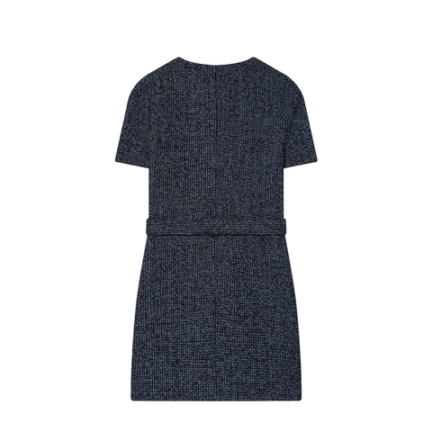 Elegante Tweed Mini Jurk Korte Mouwen Ronde Hals Met Riem Gouden Knopen Vintage Boucle Jurk Dames