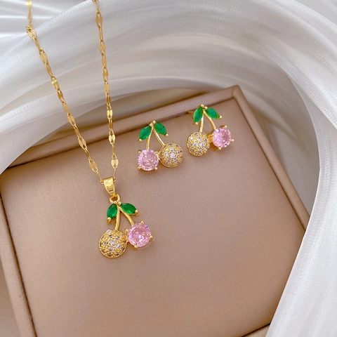 Kers Sieraden Ketting En Oorknopjes Roze Zirkoon Titanium Staal Koper Voor Vrouwen Zoet Elegant Accessoires Cadeau