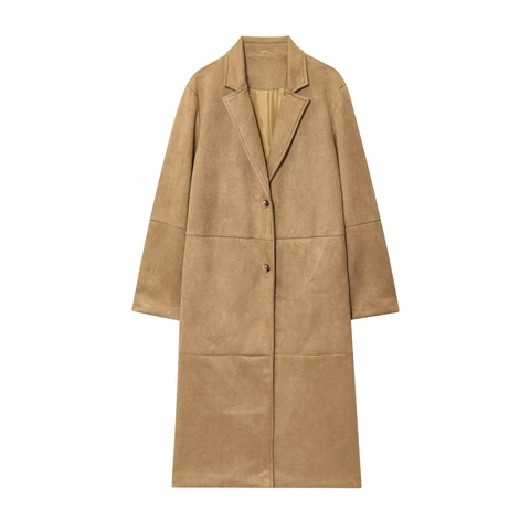 Women Long Faux Suede Coat Elegant Notch Lapel Double Button Trench Outerwear Casual Solid Khaki Jacket