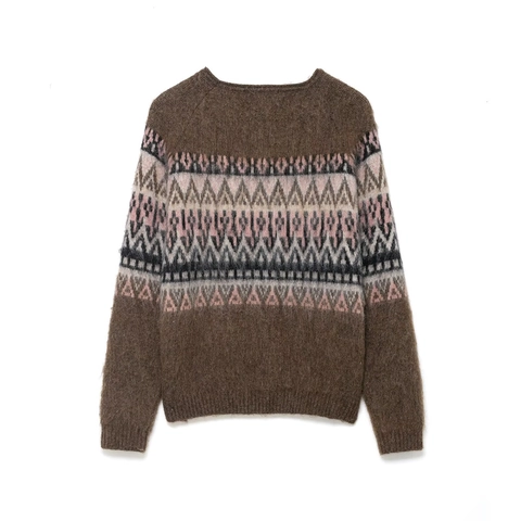 Damen Vintage Fair Isle Jacquard Strickpullover Rundhalsausschnitt Langarm Flauschiger Winterpullover