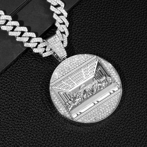 Collar Con Colgante Iced Out Strass La Última Cena Relieve Aleación Cadena Cubana Joyería Hip Hop