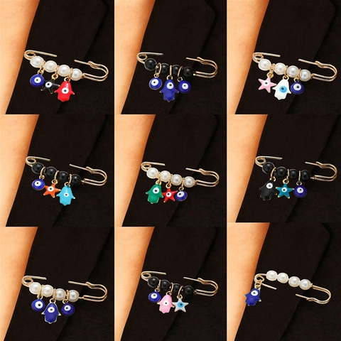 Ethnic Gold Plated Alloy Evil Eye Hamsa Hand Safety Pin Brooch With Faux Artificial Pearl Enamel Charm For Women Fashion Jewelry