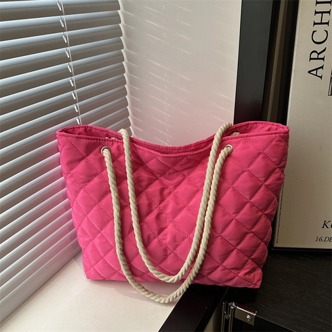 Bolso Tote Acolchado Gran Capacidad Nailon Patrón Diamante Con Asa De Cuerda Simple Casual Para Mujeres