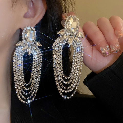 Orecchini Pendenti Con Nappa Di Strass Esagerati Con 925 Sterling Silver Earring Post Per Donna Festa Gioielli