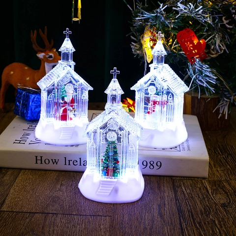 Christmas LED Light Up Church Ornament Transparent Plastic Santa Snowman Desktop Decoration Lamp Festive Gift Night Light