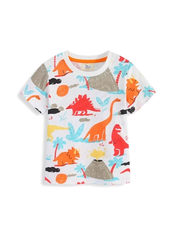 Boys Casual Combed Cotton Short Sleeve T-Shirt Cartoon Dinosaur Print Summer Round Neck Breathable Top For Kids