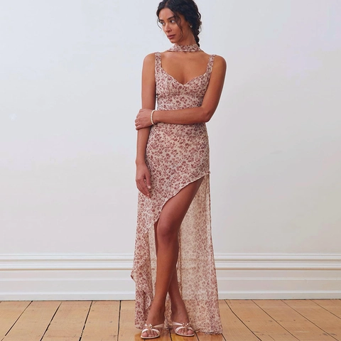 Floral Print Maxi Dress Halter Backless Sexy High Slit Mesh Chiffon Summer Beach Vacation Party For Women