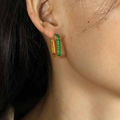 Stainless Steel Rectangular Hoop Earrings Gold Plated Zircon Inlaid Geometric Huggie Minimalist Luxury Jewelry For Women