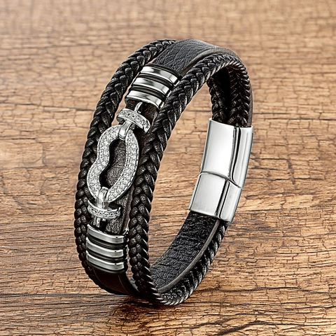 Men Bracelet Multilayer Braided Leather Stainless Steel Magnetic Clasp Rhinestone Horseshoe Charm Vintage Punk Style
