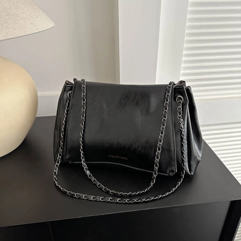 Bolso De Hombro Para Mujer Cuero PU Retro Brillante Con Correa De Cadena De Metal Estilo Coreano Moda Callejera Negro