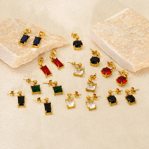 Drop Earrings Stainless Steel PVD Gold Plated Geometric Zircon Gemstone Retro Luxury Minimalist Jewelry For Women