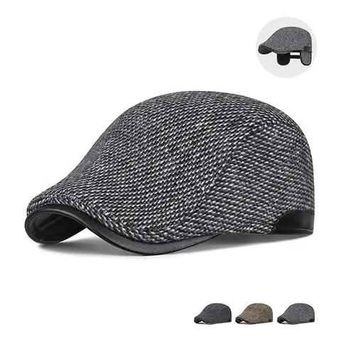 Heren Winter Flat Cap Tweed Wollen Pet Met Oorkleppen Fleecegevoerd Warm Patchwork Kunstleer