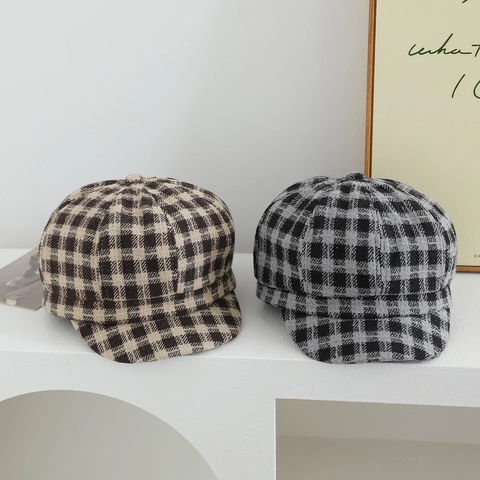 Casquette Gavroche Enfant Rétro Plaid Tweed Polyester Chapeau Octogonal Hiver Chaud Peintre Pour Tout-Petits Filles Garçons
