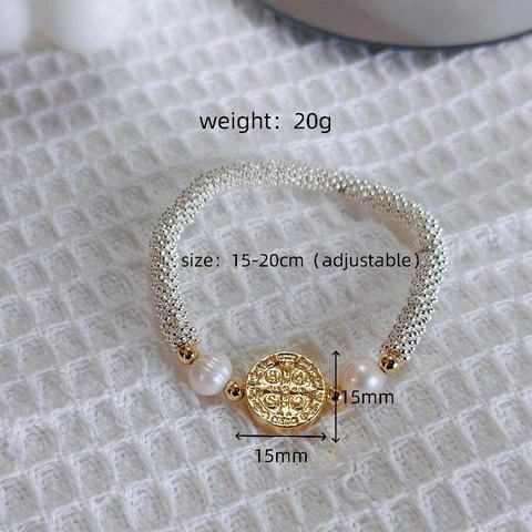 Retro Virgin Mary Coin Pendant Bracelet With Artificial Baroque Pearls And Plated Metal Beads For Women Fashion Jewelry
