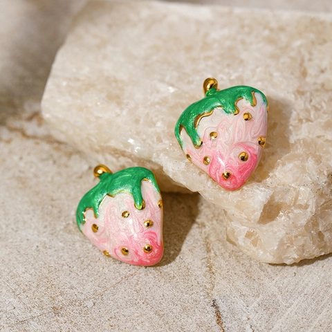 Pendientes Colgantes Creativos de Fresa de Acero Inoxidable 304 para Mujer Moda Bañado en Oro 18K Forma de Fruta Joyería