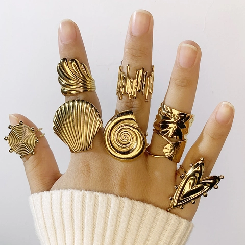 Vintage Chunky Ring For Women 316L Stainless Steel 18K Gold Plated Irregular Wrinkled Statement Adjustable Open Ring Heart Seashell