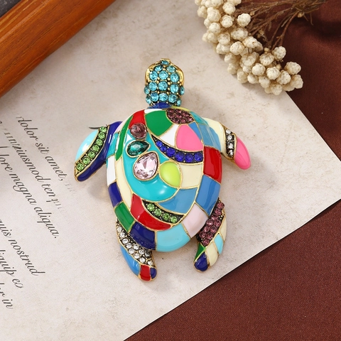 Broche Animal Vintage Aleación Esmalte Multicolor Strass Tortuga Marina Pez Joyería Regalo Mujeres Hombres