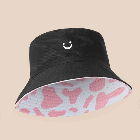 Reversible Bucket Hat Cotton Smile Face Cow Print Sun Protection Outdoor Casual Foldable Sun Hat