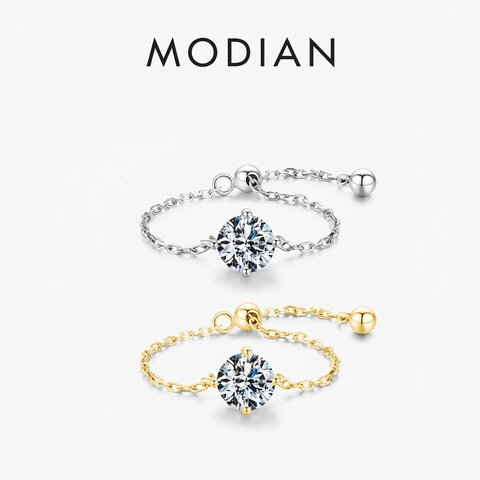 Ring Mit Rundem Brillant-Zirkon Aus 925er Sterlingsilber Verstellbare Kette Eleganter Modeschmuck Damen