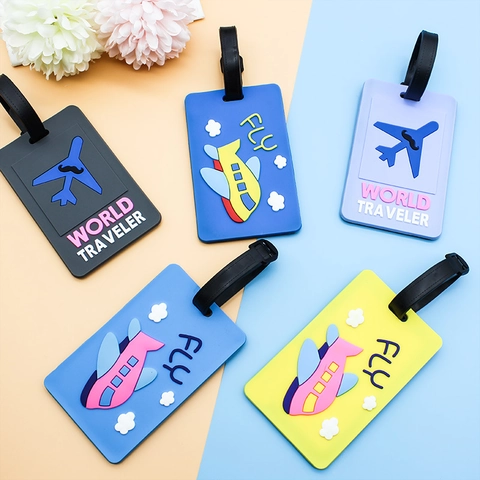 Cartoon Airplane Luggage Tag Silicone Suitcase Label Waterproof Baggage ID Information Card Slot Adjustable Strap Travel Accessory