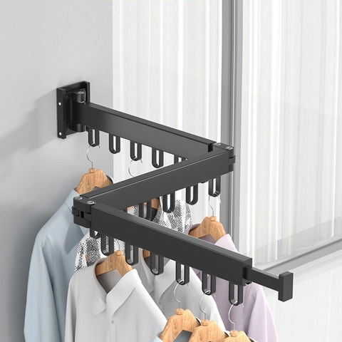 Wall Mounted Folding Clothes Drying Rack Space Aluminum Retractable Space Saving Laundry Hanger Balcony Rotating