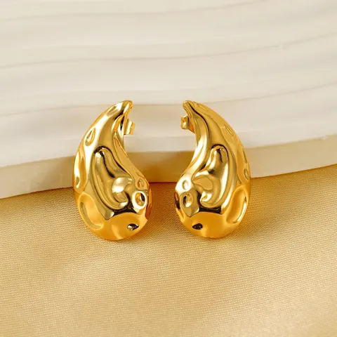 Wassertropfen Ohrstecker 18K Vergoldeter Edelstahl Gehämmert Unregelmäßig Geschmolzenes Metall Design Trendy Für Damen