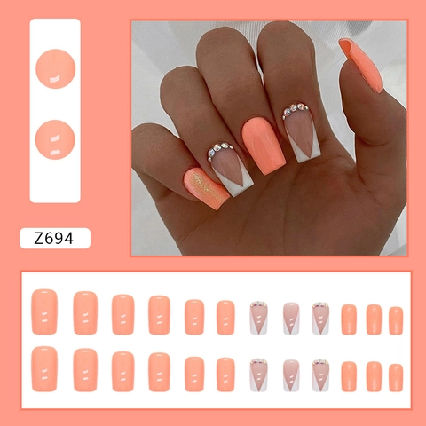 Faux Ongles À Presser Forme V Français Orange Corail Blanc Carré Cercueil Avec Strass Ongles Artificiels Brillants