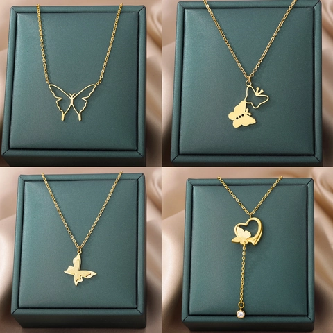 Collana Con Pendente A Farfalla Acciaio Inossidabile Placcato Oro Cuore Cavo Zircone Nappa Gioielli Eleganti Donna