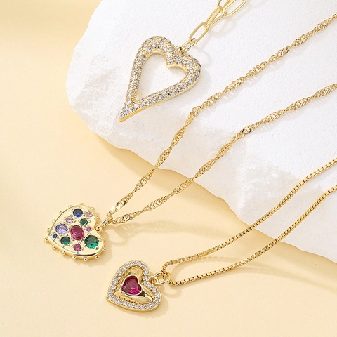 Herz Anhänger Halskette Kupfer 18K Vergoldet Bunte Zirkon Schlüsselbeinkette Mode Schmuck Für Damen