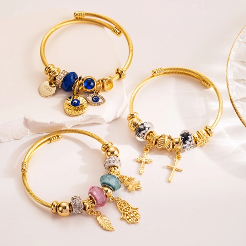 Bracciale Rigido Con Charms Malocchio Mano Di Fatima Croce Regolabile Oro Lega Perla Strass Gioielli Boho Donne