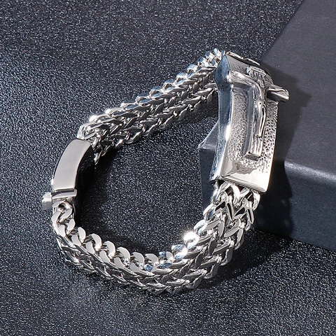 Men 316L Stainless Steel Bracelet Double Row Wheat Chain Woven Feather Cross Vintage Punk Hip Hop Jewelry