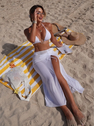 Women Halter Bikini Top Bottom And Sheer Mesh Beach Skirt Side Slit Solid Color Swimwear