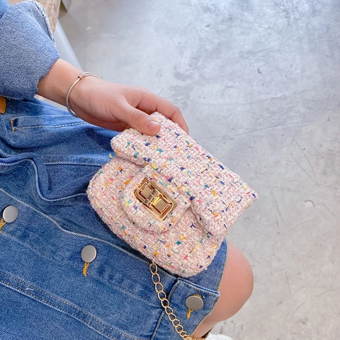 Kids Mini Crossbody Tas Tweed Stof Mode Elegante Ketting Schoudertas Voor Kleine Meisjes Prinsessenstijl
