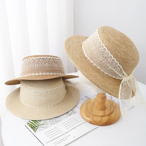 Cappello di Paglia Francese Retrò da Donna Con Pizzo e Fiocco Estate Vacanza Paglietta Parasole a Tesa Larga