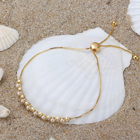 925 Sterling Silver Freshwater Pearl Bracelet For Women Elegant Gold Plated Zirconia Adjustable Chain Bracelet Jewelry
