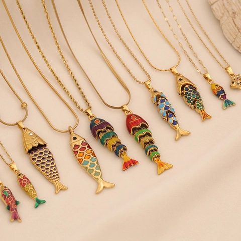 Kleurrijke Emaille Vis Hanger Ketting Roestvrij Staal Gelede Koi Tropische Vis 3D Dier Sieraden Voor Vrouwen