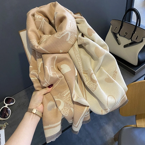 Women's Cashmere-Like Viscose Scarf Warm Winter Shawl Eiffel Tower Heart Pattern Tassel Long Scarf Fashion Wrap For Daily