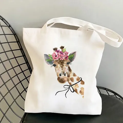 Artistic Giraffe Print Canvas Tote Bag Large Capacity Casual Shopping Watercolor Cartoon Style For Daily Student School