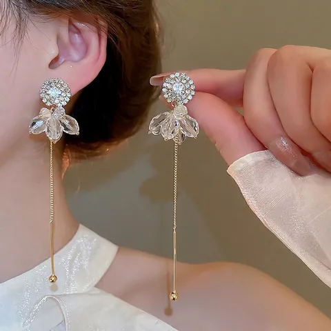 Lange Quasten Ohrhänger Strass Rund Transparente Kristallblume Goldton Kupfer Mit Silber Ohrstecker Elegant