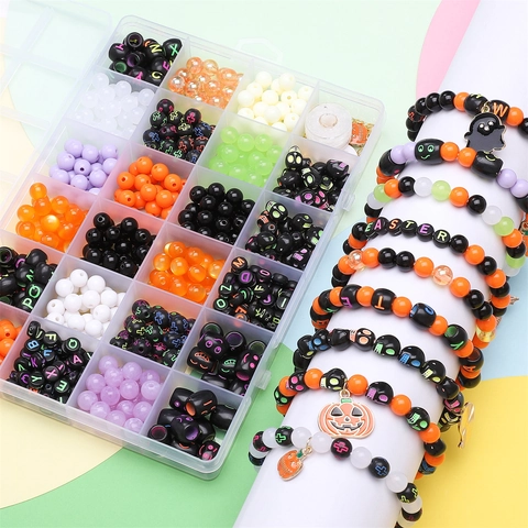 Halloween DIY Jewelry Making Bead Kit Acrylic Resin Alloy Charms Ghost Pumpkin Skull For Bracelet Necklace Craft