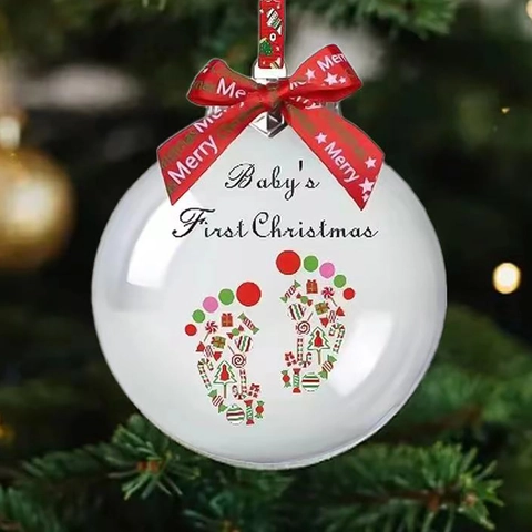Bola Conmemorativa de la Primera Navidad del Bebé Adorno de Plástico Con Lazo Rojo para Decoración de Árbol