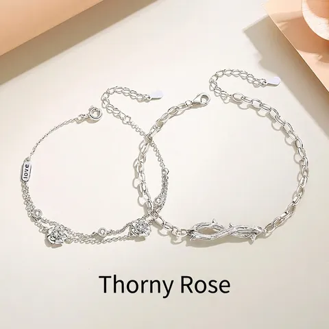 Bracciale Collana Anello per Coppia in Argento Sterling 925 Con Rosa e Spine Gioielli Romantici Design Originale Regalo Amanti