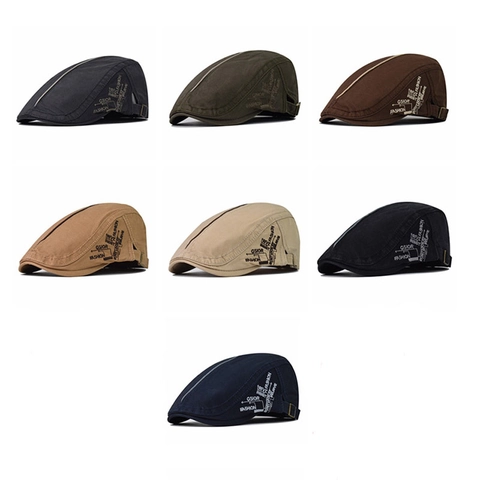 Béret Homme Coton Ajustable Casquette Plate Vintage Newsboy Avec Broderie Lettre Style Rétro