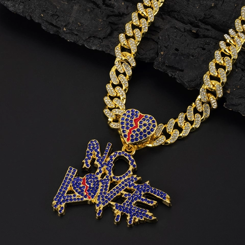 Collier À Pendentif Lettre No Love Alliage De Zinc Avec Strass Bleus Bijoux Hip Hop Chaîne Cubaine Pour Hommes