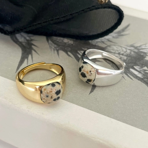 Minimalist 925 Sterling Silver Dalmatian Jasper Ring Adjustable Open Finger Jewelry For Women French Style