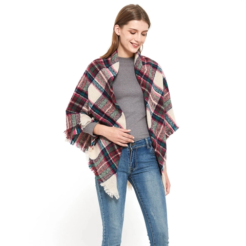 Women Classic Plaid Triangle Scarf With Tassel Fringe Soft Warm Woven Winter Shawl Wrap Large Checkered Fashion Cape